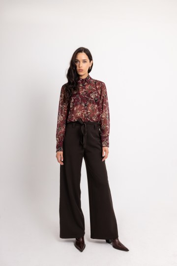 Παντελόνα ψηλόμεση με κουμπί σε ίσια γραμμή σκούρο καφέ