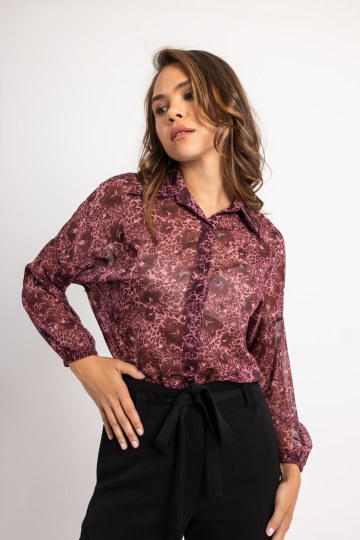 Πουκάμισο animal print μπορντό με τριαντάφυλλα και χρυσοκλωστή
