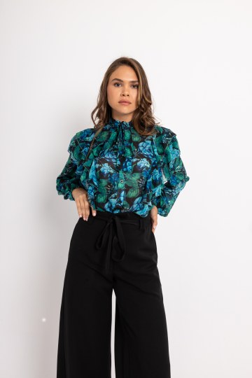 Πουκάμισο με φραμπαλά και σχέδια γαλαζοπράσινο