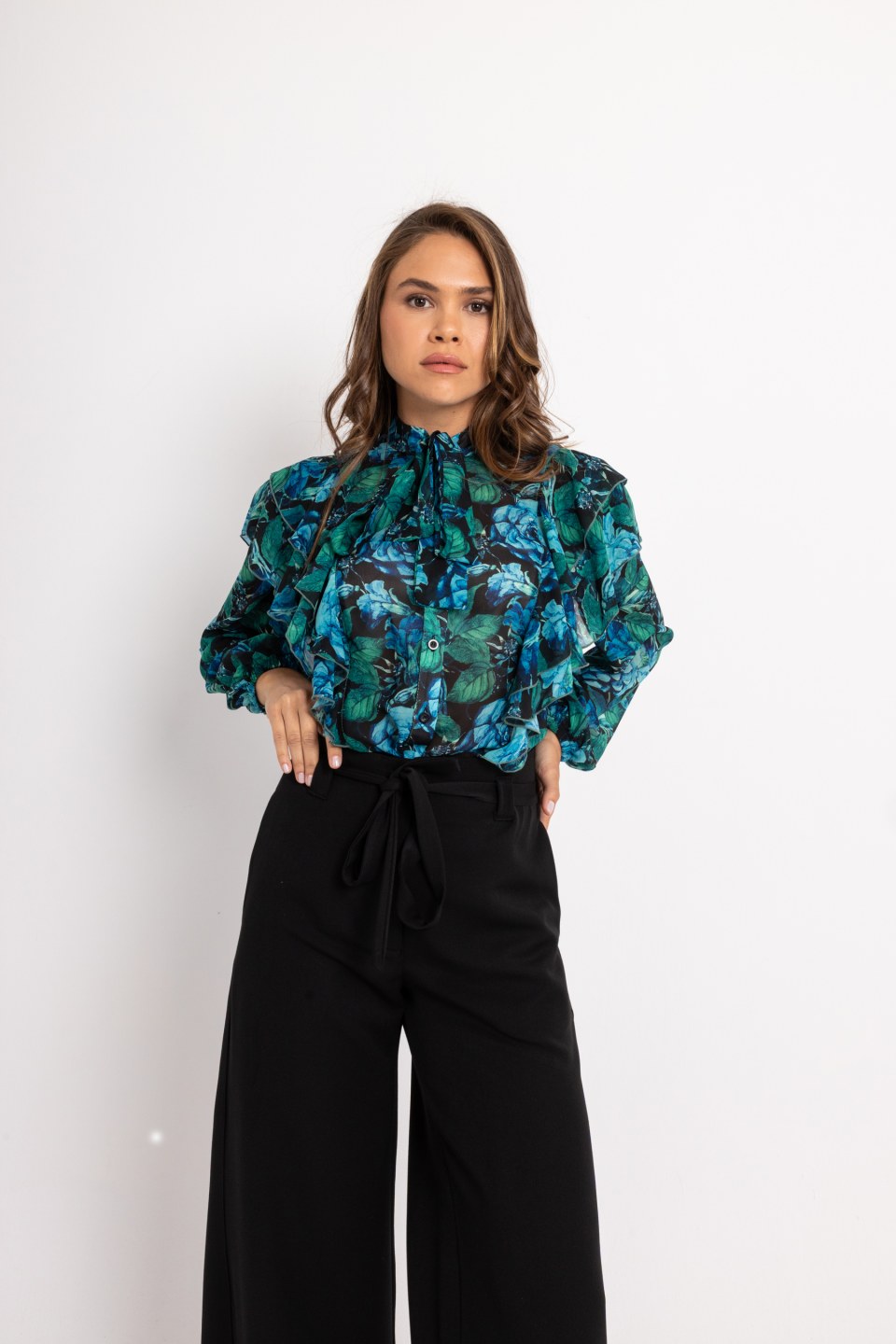 Πουκάμισο με φραμπαλά και σχέδια γαλαζοπράσινο