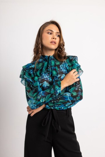 Πουκάμισο με φραμπαλά και σχέδια γαλαζοπράσινο - 