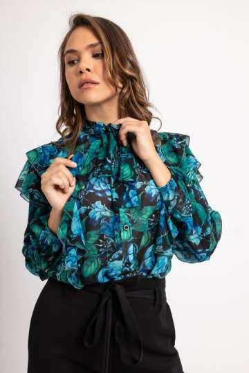 Πουκάμισο με φραμπαλά και σχέδια γαλαζοπράσινο - 