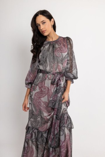 Φόρεμα με βολάν στη φούστα και λαχούρια γκρι - 