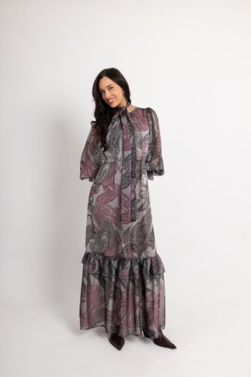 Φόρεμα με βολάν στη φούστα και λαχούρια γκρι - 