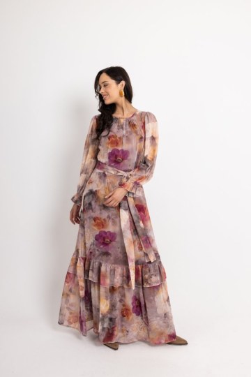 Φόρεμα με βολάν στη φούστα και floral σχέδια σομόν - 