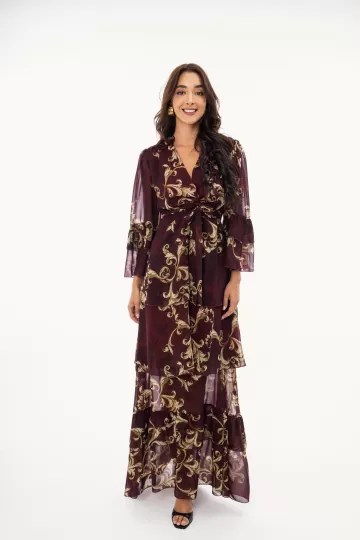 Φόρεμα maxi κρουαζέ με δέσιμο στο πλάι εμπριμέ μπορντώ