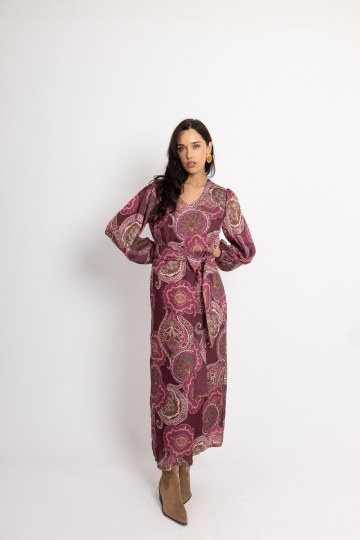 Φόρεμα maxi με ζώνη στη μέση εμπριμέ μπορντό