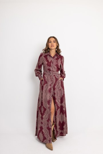 Φόρεμα maxi με λαχούρια και ζώνη σάπιο μήλο