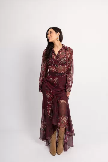 Σετ με ιδιαίτερα floral σχέδια και άνισο βολάν στη φούστα μπορντώ