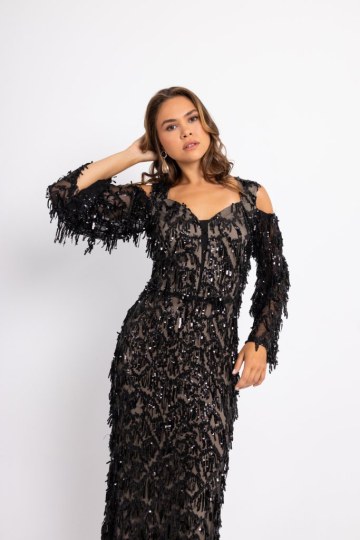 Φόρεμα maxi παγιέτα και ιδιαίτερη λαιμόκοψη μαύρο - 