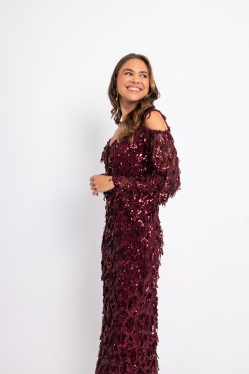 Φόρεμα maxi παγιέτα και ιδιαίτερη λαιμόκοψη μπορντώ - 