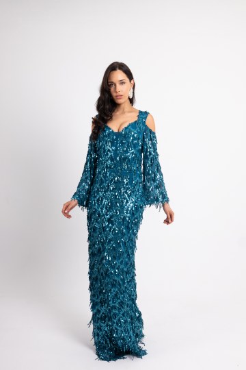 Φόρεμα maxi παγιέτα και ιδιαίτερη λαιμόκοψη μπλε