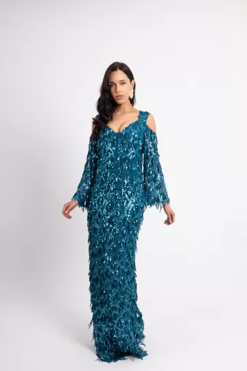 Φόρεμα maxi παγιέτα και ιδιαίτερη λαιμόκοψη μπλε