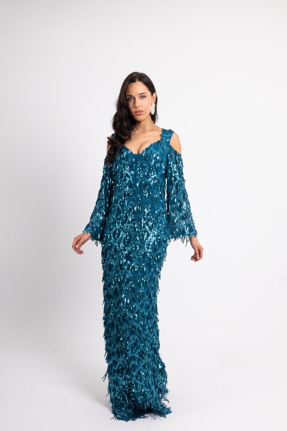 Φόρεμα maxi παγιέτα και ιδιαίτερη λαιμόκοψη μπλε