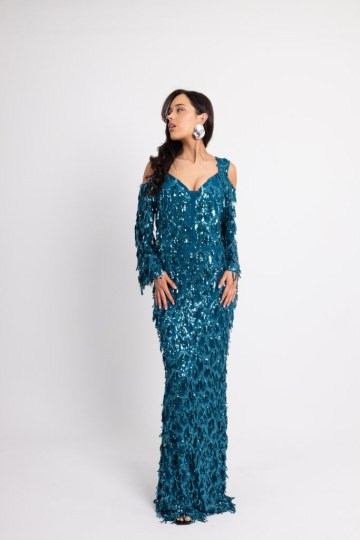 Φόρεμα maxi παγιέτα και ιδιαίτερη λαιμόκοψη μπλε - 