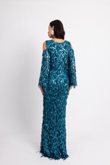 Φόρεμα maxi παγιέτα και ιδιαίτερη λαιμόκοψη μπλε - 