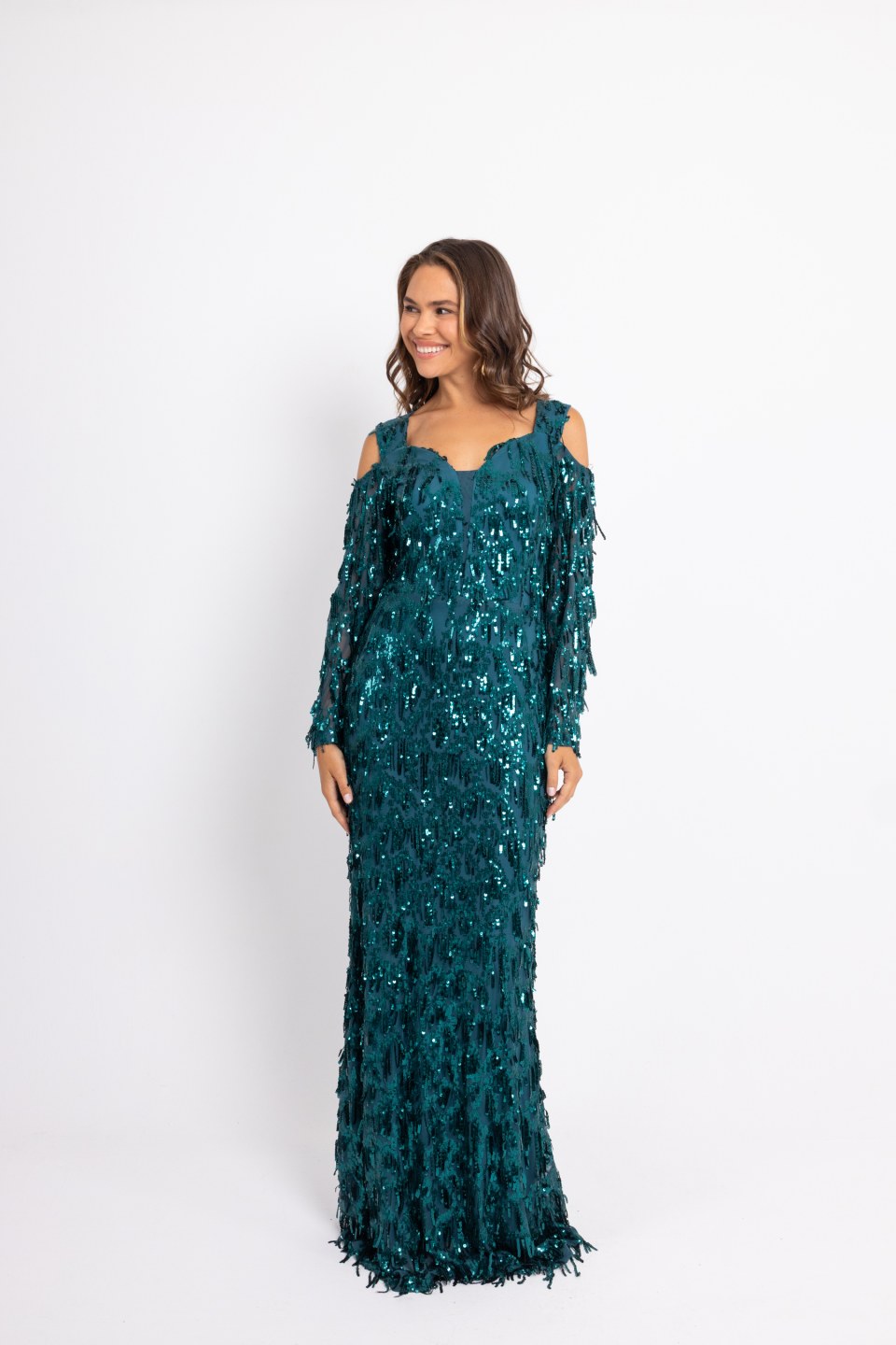 Φόρεμα maxi παγιέτα και ιδιαίτερη λαιμόκοψη πετρόλ