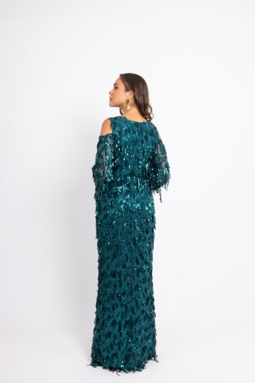 Φόρεμα maxi παγιέτα και ιδιαίτερη λαιμόκοψη πετρόλ - 