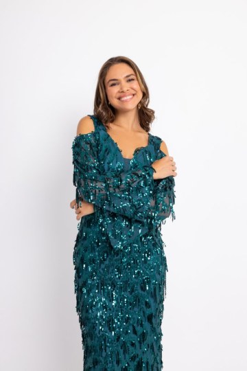 Φόρεμα maxi παγιέτα και ιδιαίτερη λαιμόκοψη πετρόλ - 