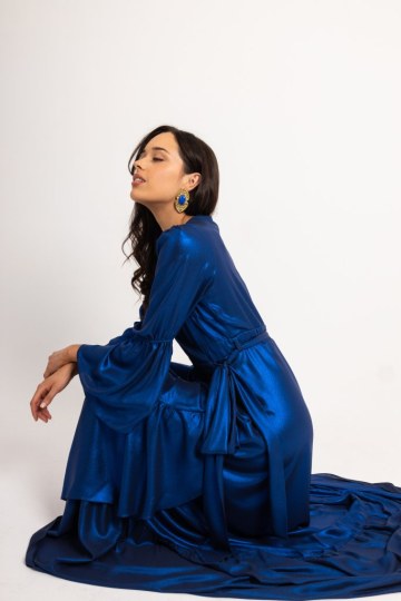 Φόρεμα maxi κρουαζέ μεταλιζέ μπλε ρουά - 