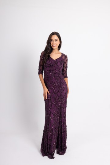 Φόρεμα maxi παγιέτα με ιδιαίτερη λαιμόκοψη και διαφάνεια στα μανίκια μωβ