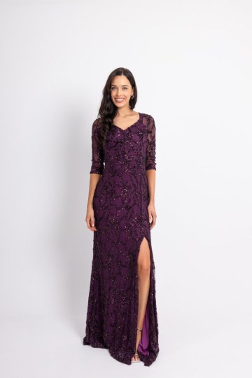 Φόρεμα maxi παγιέτα με ιδιαίτερη λαιμόκοψη και διαφάνεια στα μανίκια μωβ - 