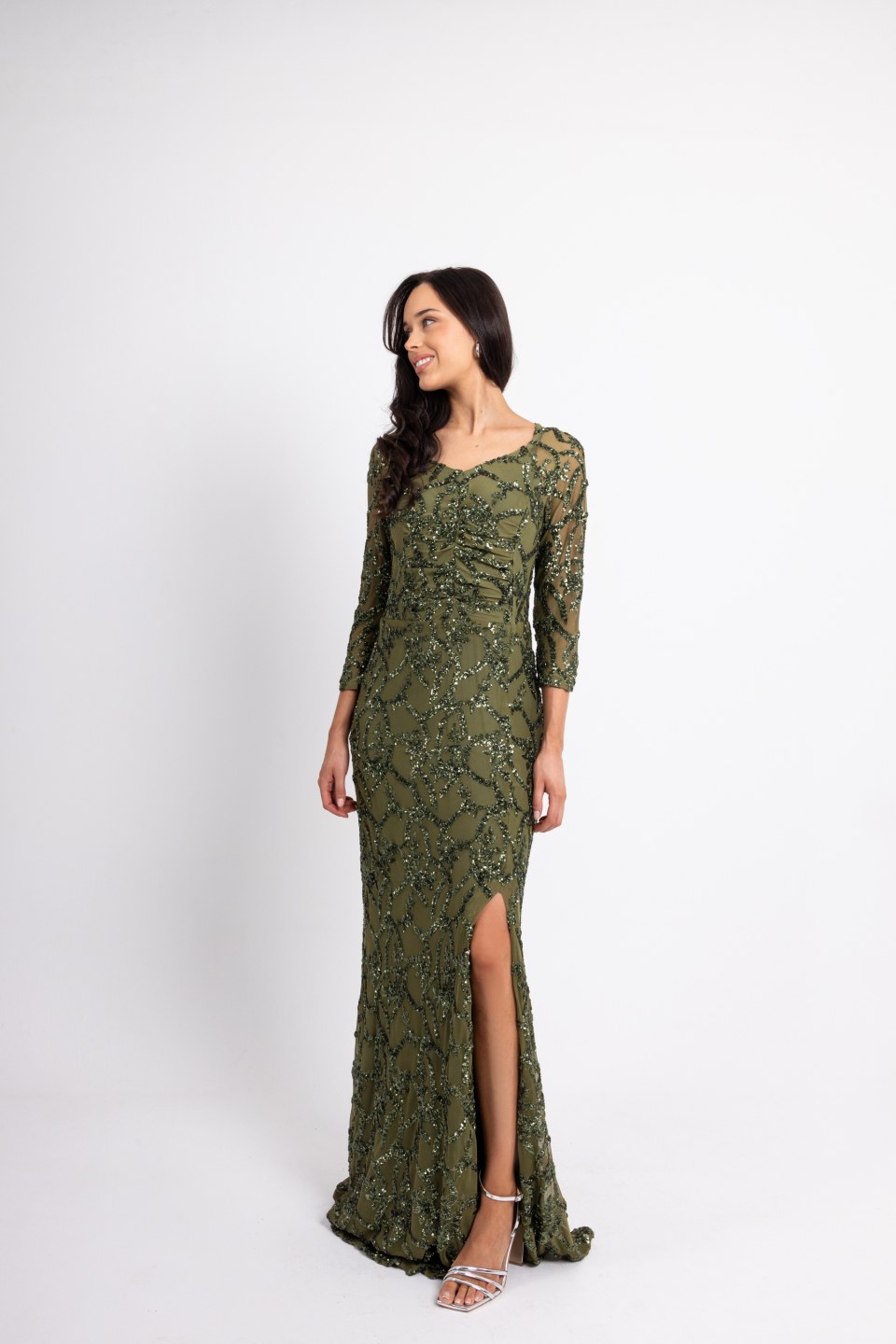 Φόρεμα maxi παγιέτα με ιδιαίτερη λαιμόκοψη και διαφάνεια στα μανίκια πράσινο