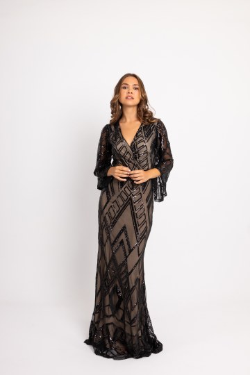 Φόρεμα maxi παγιέτα με ιδιαίτερο μοτίβο και μανίκι καμπάνα μαύρο