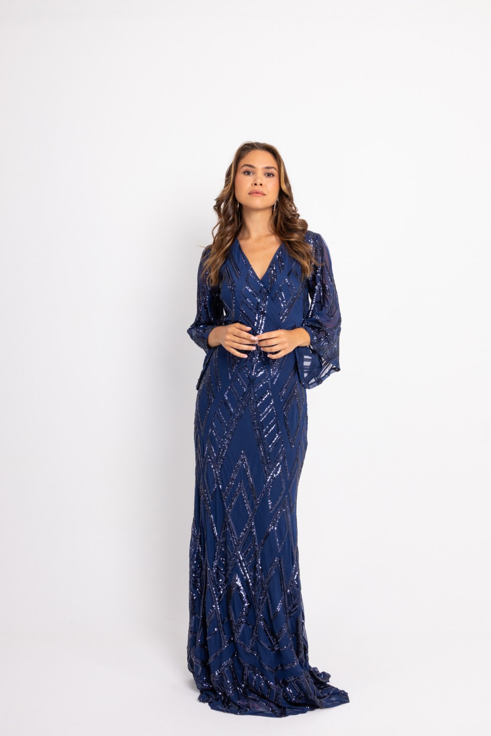 Φόρεμα maxi παγιέτα με ιδιαίτερο μοτίβο και μανίκι καμπάνα μπλε