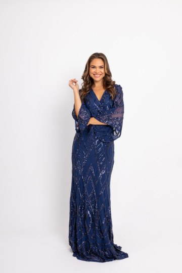 Φόρεμα maxi παγιέτα με ιδιαίτερο μοτίβο και μανίκι καμπάνα μπλε - 