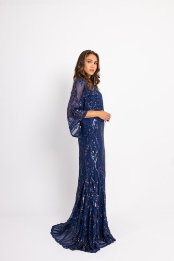 Φόρεμα maxi παγιέτα με ιδιαίτερο μοτίβο και μανίκι καμπάνα μπλε - 