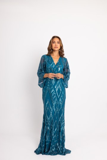 Φόρεμα maxi παγιέτα με ιδιαίτερο μοτίβο και μανίκι καμπάνα πετρόλ