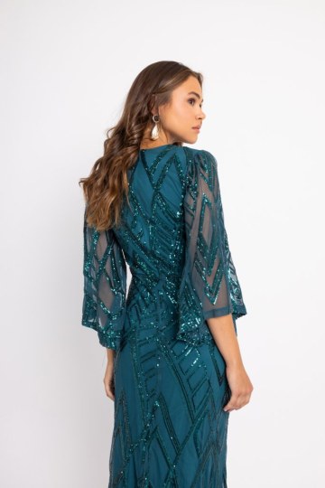 Φόρεμα maxi παγιέτα με ιδιαίτερο μοτίβο και μανίκι καμπάνα πράσινο - 