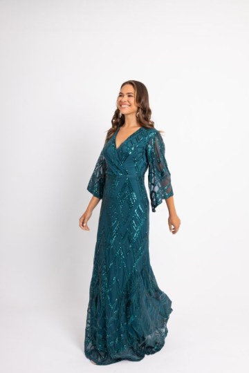 Φόρεμα maxi παγιέτα με ιδιαίτερο μοτίβο και μανίκι καμπάνα πράσινο - 