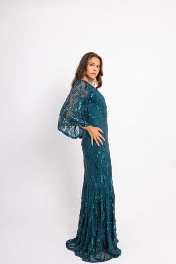 Φόρεμα maxi παγιέτα με ιδιαίτερο μοτίβο και μανίκι καμπάνα πράσινο - 