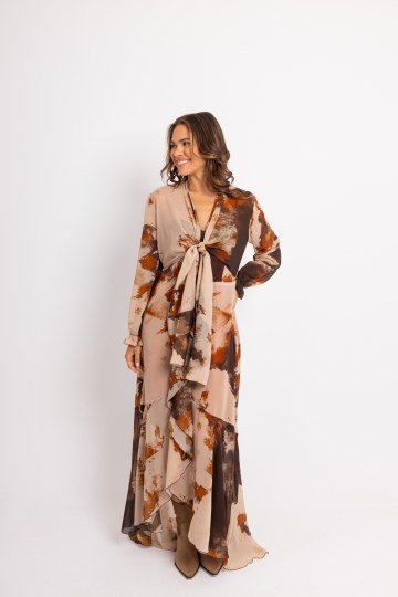 Φόρεμα με ασύμμετρο κάτω μέρος και ιδιαίτερο δέσιμο στη μέση μπορντώ εμπριμέ