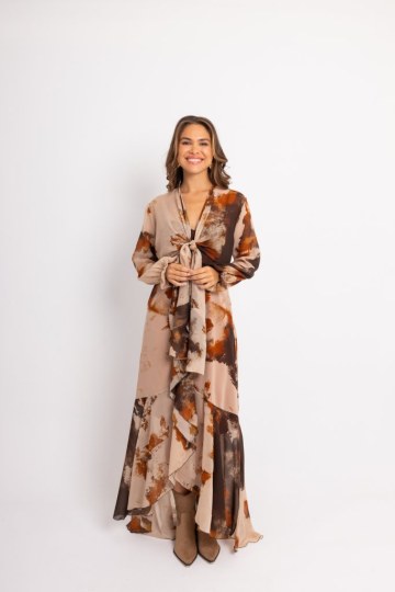 Φόρεμα με ασύμμετρο κάτω μέρος και ιδιαίτερο δέσιμο στη μέση μπορντώ εμπριμέ - 