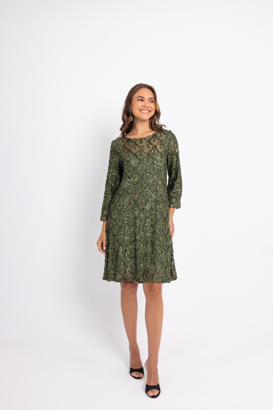Φόρεμα midi παγιέτα με ιδιαίτερο μοτίβο και μανίκι καμπάνα κυπαρισσί
