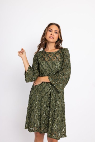 Φόρεμα midi παγιέτα με ιδιαίτερο μοτίβο και μανίκι καμπάνα κυπαρισσί - 