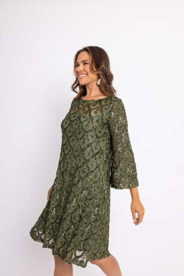 Φόρεμα midi παγιέτα με ιδιαίτερο μοτίβο και μανίκι καμπάνα κυπαρισσί - 