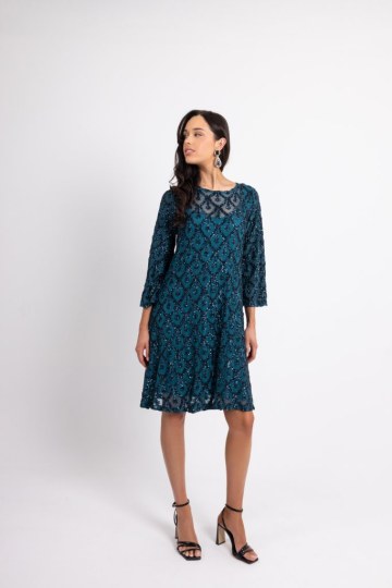 Φόρεμα midi παγιέτα με ιδιαίτερο μοτίβο και μανίκι καμπάνα πετρόλ - 