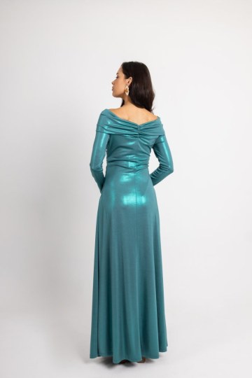 Φόρεμα μεταλιζέ με ιδιαίτερη λαιμόκοψη και εντυπωσιακό δέσιμο στο μπούστο πετρόλ - 