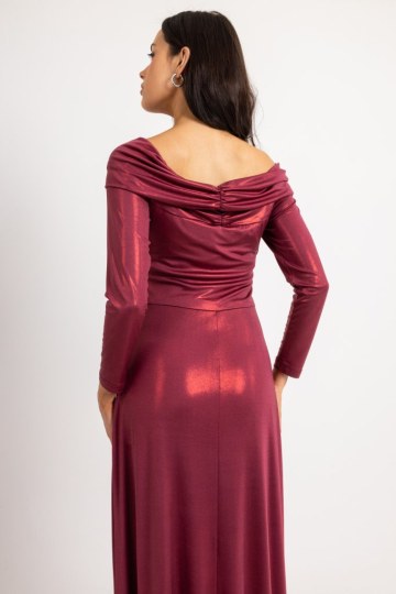 Φόρεμα μεταλιζέ με ιδιαίτερη λαιμόκοψη και εντυπωσιακό δέσιμο στο μπούστο μπορντώ - 