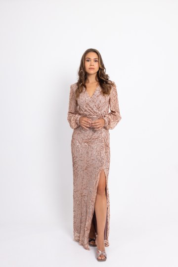 Φόρεμα κρουαζέ με λεπτομέρειες από παγιέτα και σκίσιμο στο κάτω μέρος ροζ