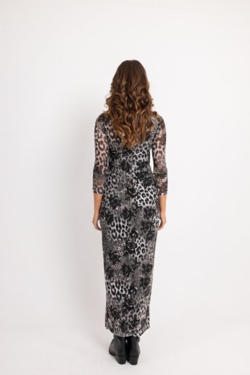 Φόρεμα midi με κόψιμο στο πλάι εμπριμέ μαύρο - 