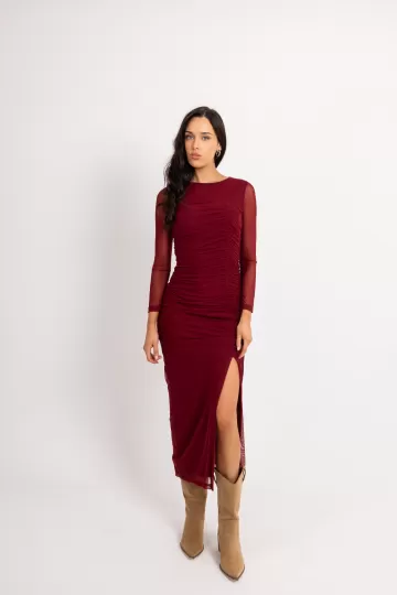 Φόρεμα midi με κόψιμο στο πλάι μονόχρωμο μπορντώ