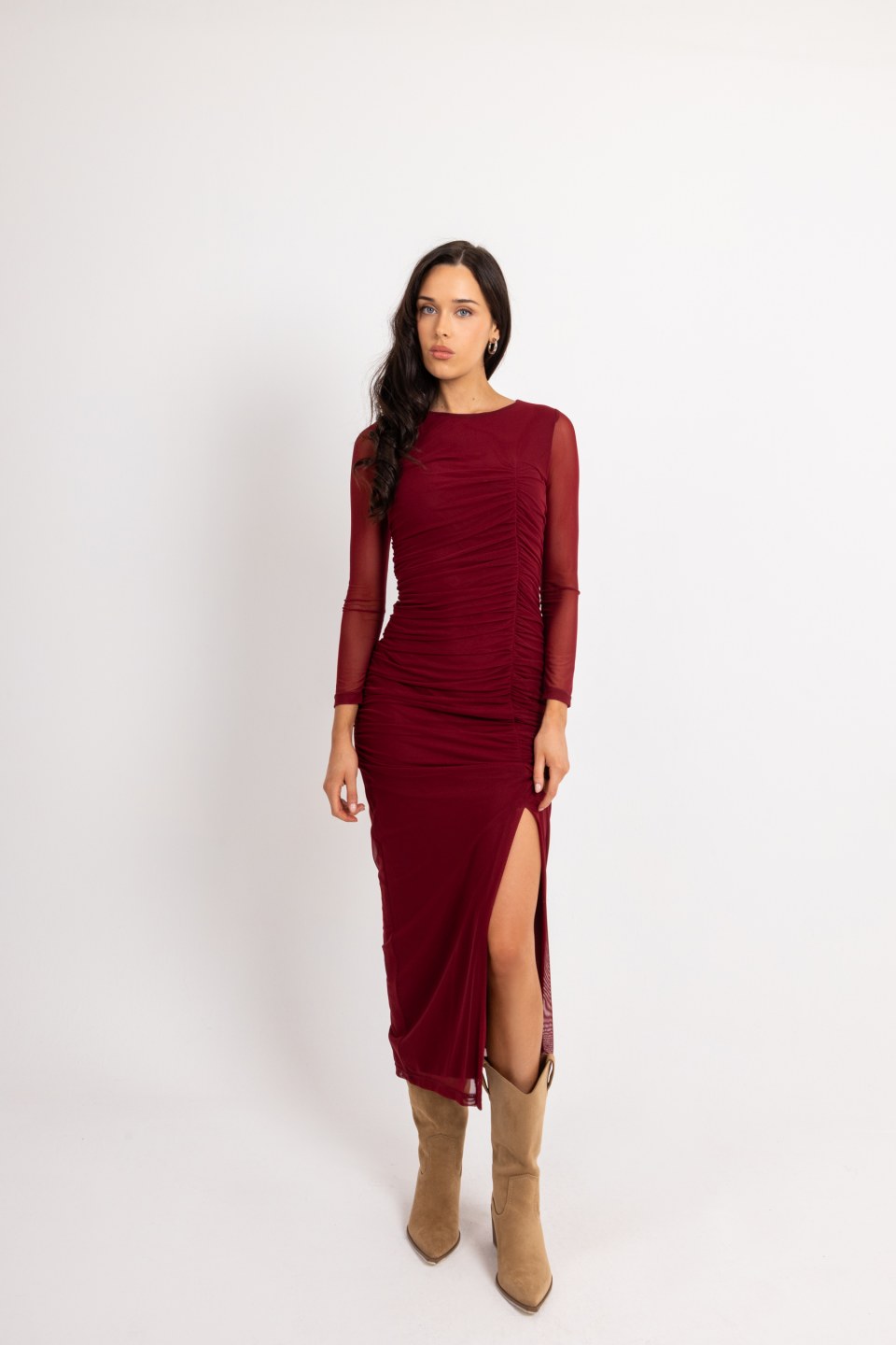 Φόρεμα midi με κόψιμο στο πλάι μονόχρωμο μπορντώ