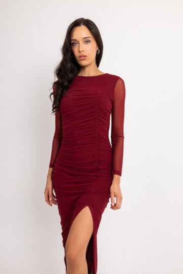 Φόρεμα midi με κόψιμο στο πλάι μονόχρωμο μπορντώ - 