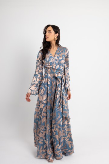 Φόρεμα maxi κρουαζέ με χρυσά σχέδια γαλάζιο 