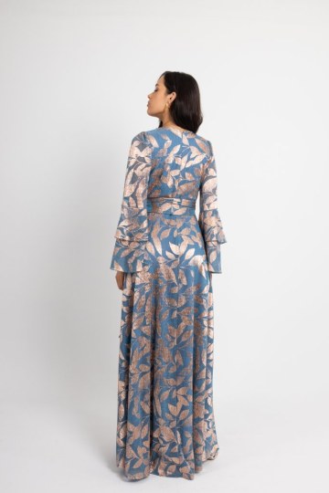 Φόρεμα maxi κρουαζέ με χρυσά σχέδια γαλάζιο  - 